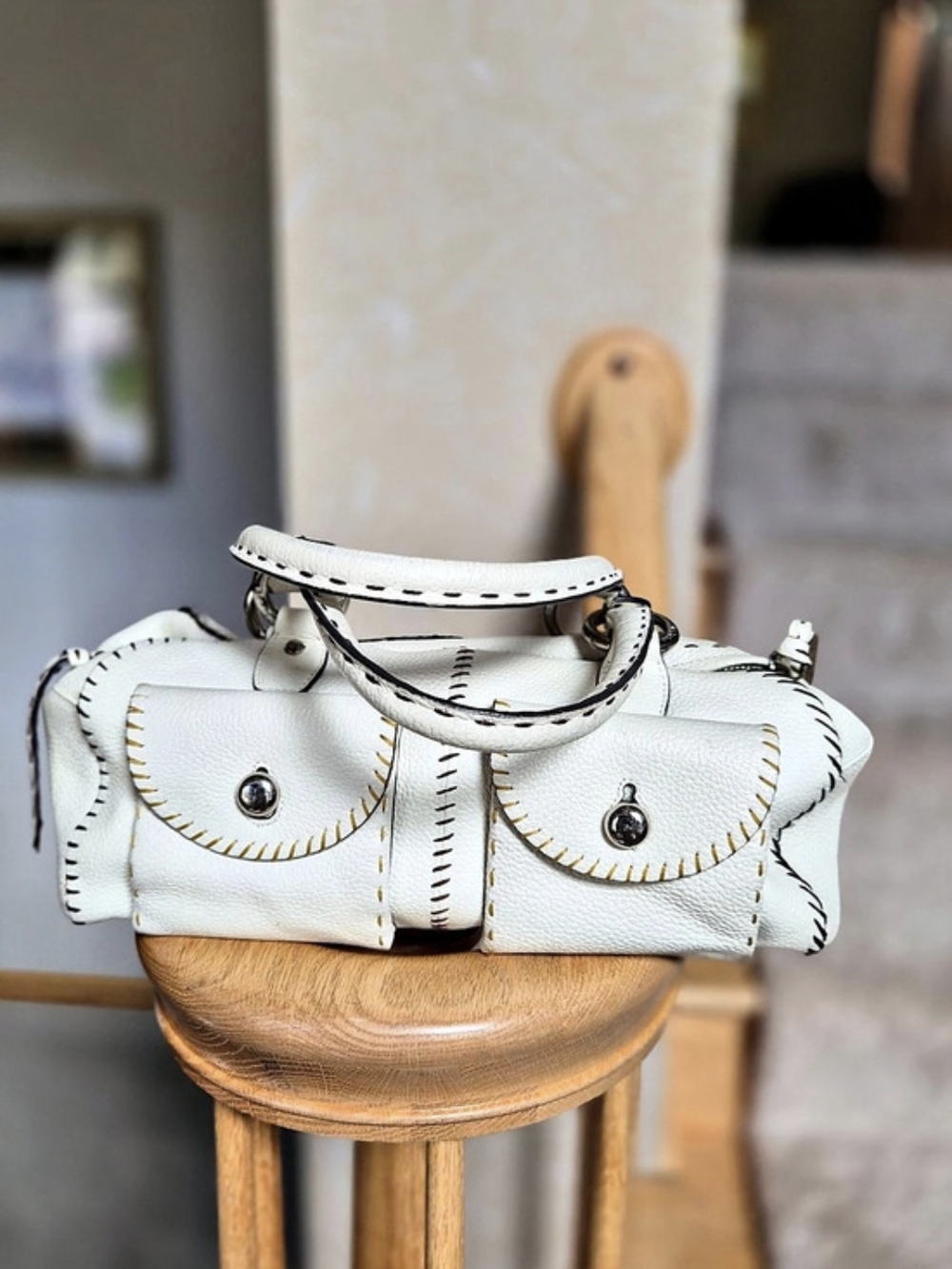BCBG Max Azria White Cream Genuine Pebbled Leather Satchel Handbag $418